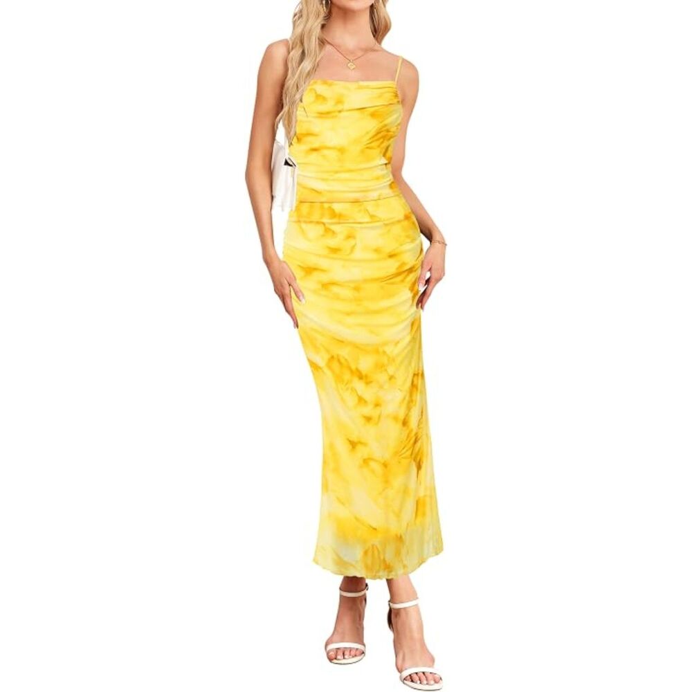 Floral Ruched Mesh Bodycon Maxi Dress Square Neck Ruffle Spaghetti Strap XL